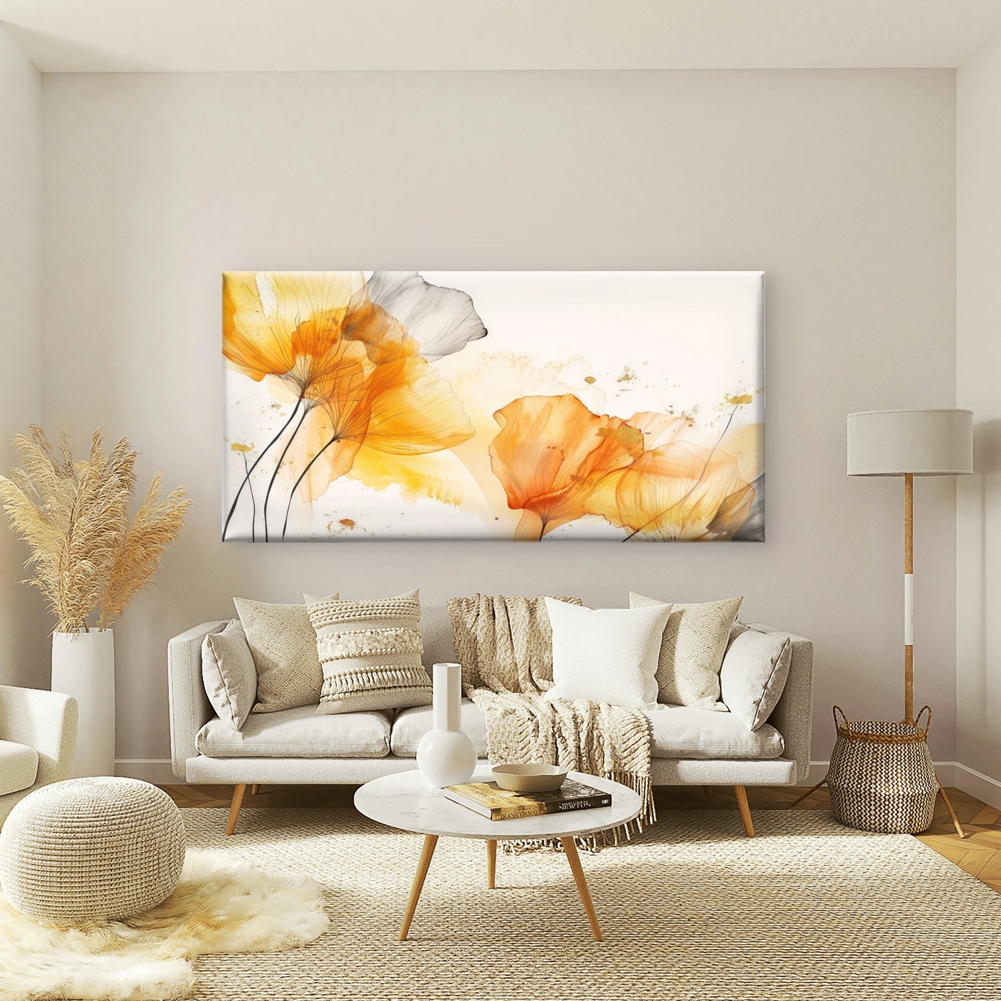 Abstract Yellow Orange Floral Wall Art Canvas Office Home Room Framed 120x60cm