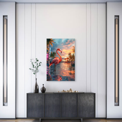 Pink Flamingo Standing on Beach Metal Print Ready to Hang