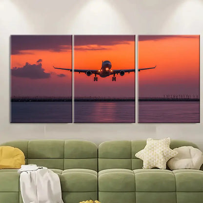 3pcs Sunset Soar Passenger Plane Dusk Flight Wall Art Set Canvas Framed 50x70cm - High Quality Print 100% Australian Made Wall Canvas Ready to Hang