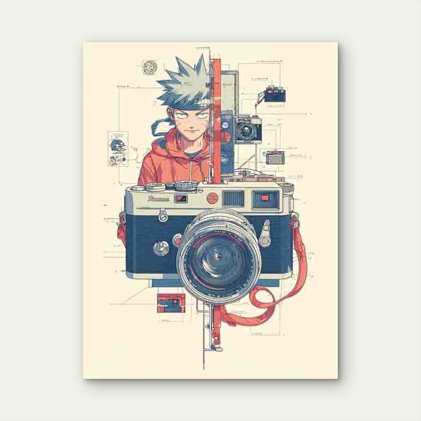 Retro Photography Decor with Red Camera Diagrams Metal Print Ready to Hang