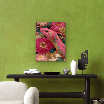 Pink Snake in a Blooming Garden Metal Print Ready to Hang