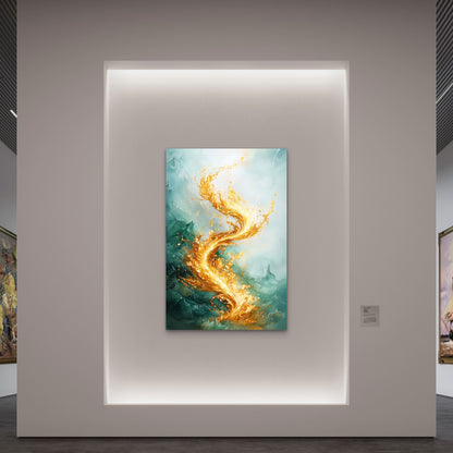 Golden Flame Spiral on Teal Background 60x90cm Metal Print Ready to Hang