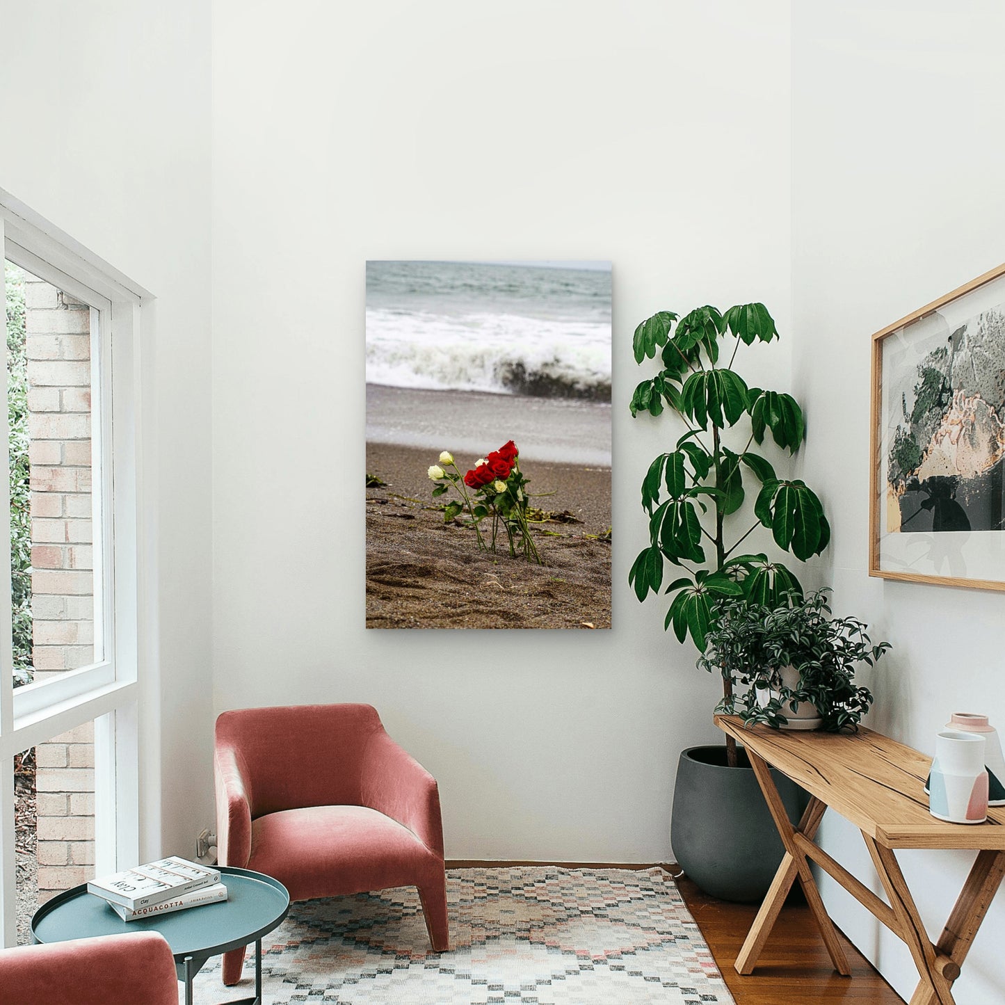 Bouquet of Red and White Roses on Ocean Shore 60x90cm Metal Print Ready to Hang
