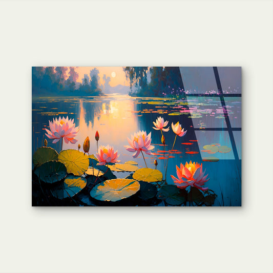 Pink Lotus Flower Water Lilypond Sunset Acrylic Glass Printing Wall Art Australian Made Quality