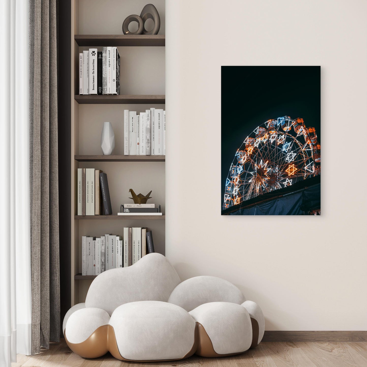 Ferris Wheel Illuminated at Night 60x90cm Metal Print Ready to Hang