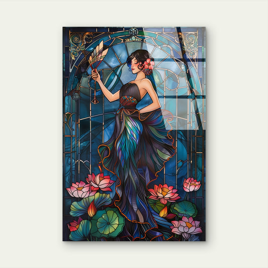 Elegant Woman Blue Dress Acrylic Glass Printing Wall Art Australian Made Quality