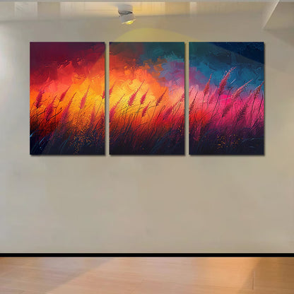 3pcs Vibrant Abstract Tall Grass Scene at Sunset Wall Art Set Canvas Framed 50x70cm - High Quality Print 100% Australian Made Wall Canvas Ready to Hang