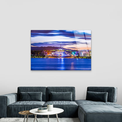 Parliament House Canberra Illuminated Night Skyline Lake Burley Griffin Acrylic Glass Printing Wall Art Australian Made Quality