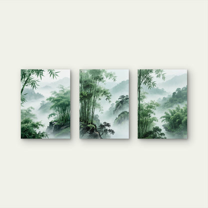 3pcs Zen Green Bamboo Forest Misty Mountain  Wall Art Set Canvas Framed 40x60cm - High Quality Print 100% Australian Made Wall Canvas Ready to Hang