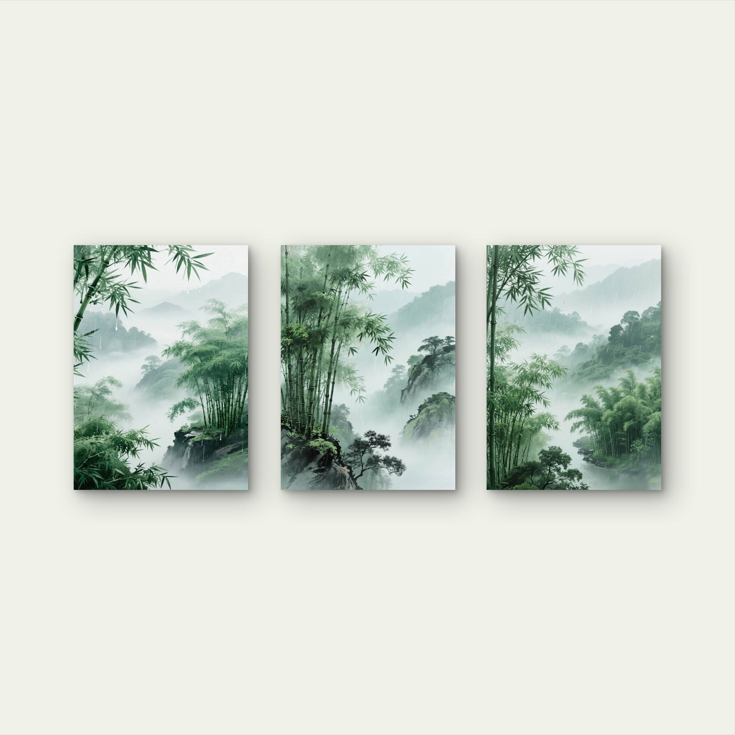 3pcs Zen Green Bamboo Forest Misty Mountain  Wall Art Set Canvas Framed 50x70cm - High Quality Print 100% Australian Made Wall Canvas Ready to Hang