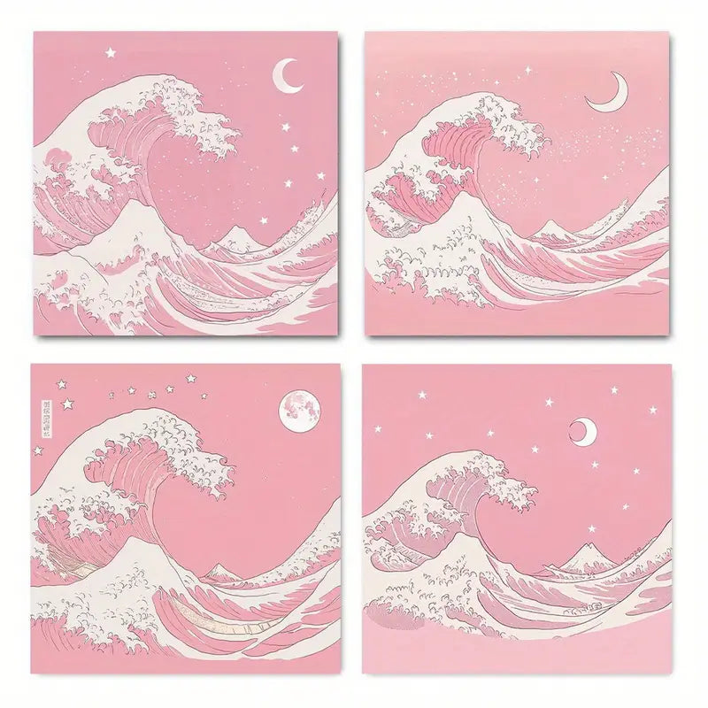 4pcs Pink Sea Wave PD    Wall Art Canvas Framed