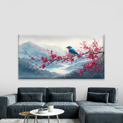 Blue Bird on Cherry Blossom Wall Art Canvas Office Home Room Framed 120x60cm