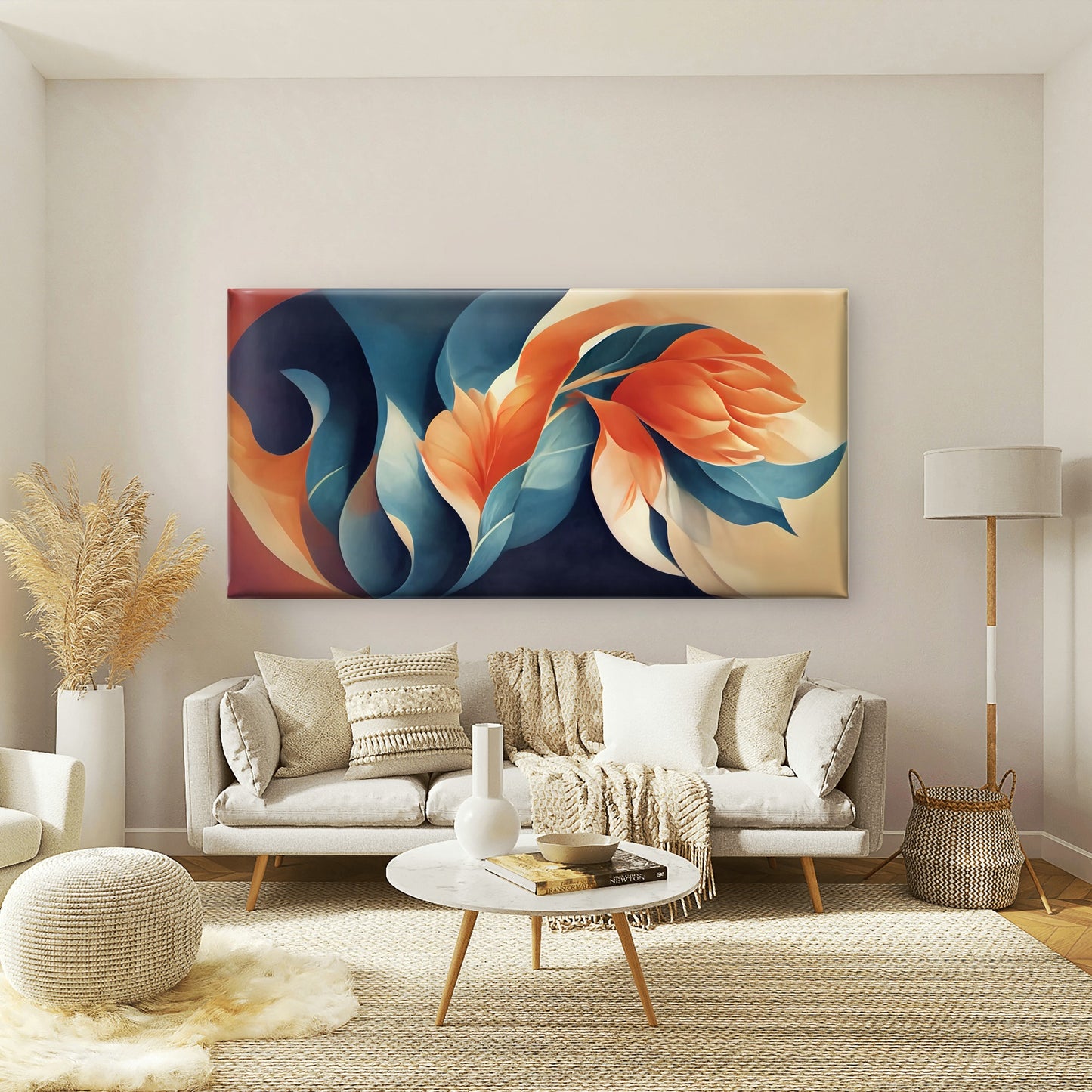 Blue Orange Floral Abstract Wall Art Canvas Office Home Room Framed 120x60cm