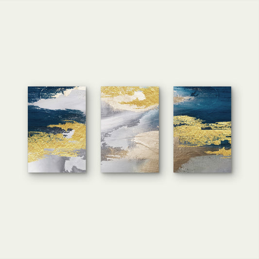 3pcs Navy Blue Gold Foil Abstract Modern Wall Art Set Canvas Framed 60x90cm - High Quality Print 100% Australian Made Wall Canvas Ready to Hang
