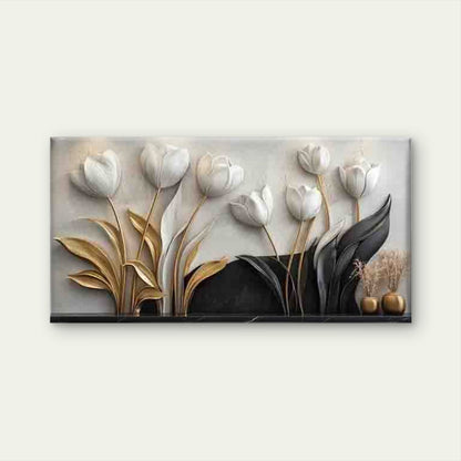 Abstract Tulip White & Golden Wall Art Canvas Office Home Room Framed 120x60cm