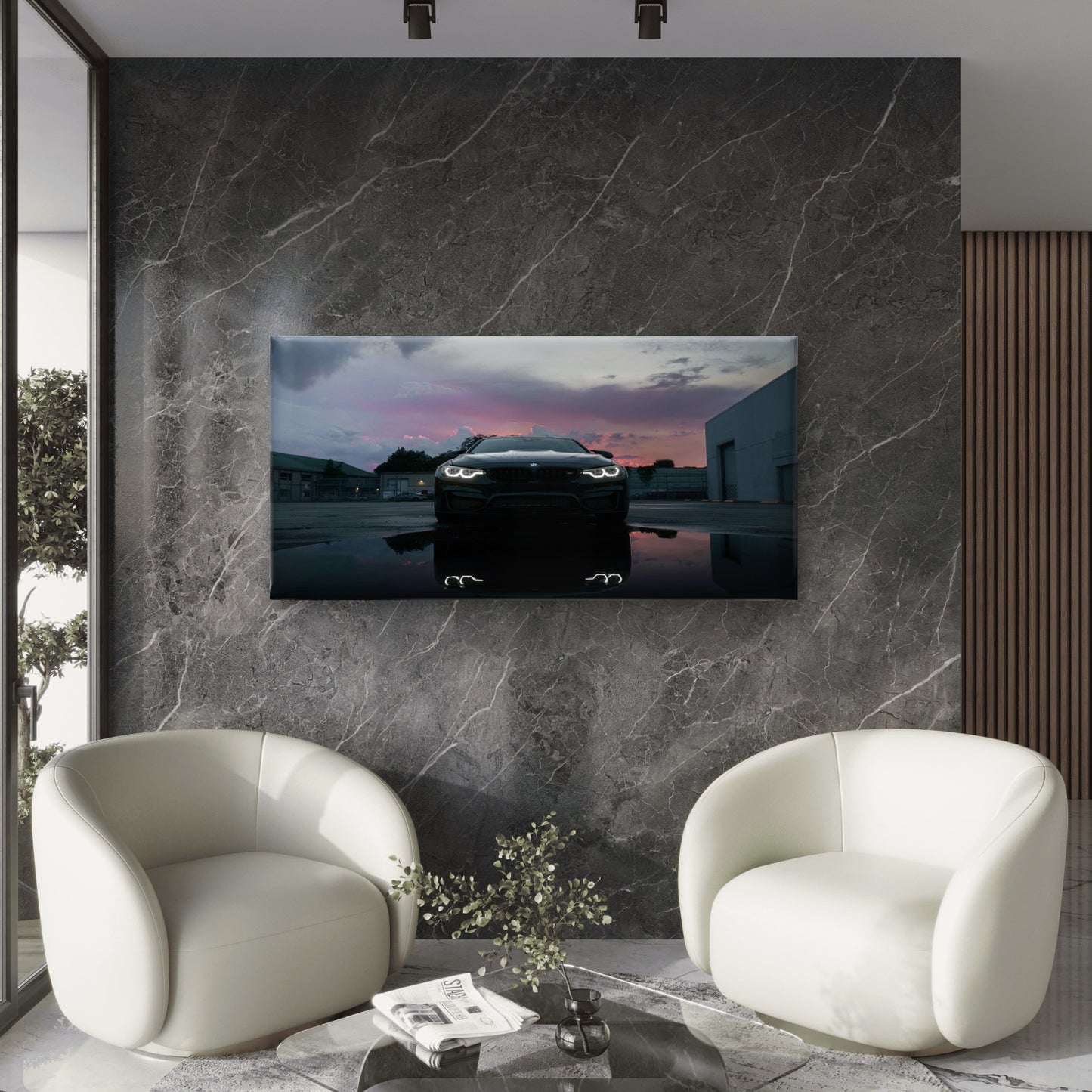 BMW M4 Coupe At Dusk With Its Headlights Illuminated Wall Art Canvas Office Home Room Framed 120x60cm