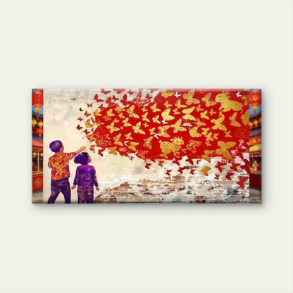 Children Watching Red Butterfli Wall Art Canvas Office Home Room Framed 120x60cm - Bella Home Decor