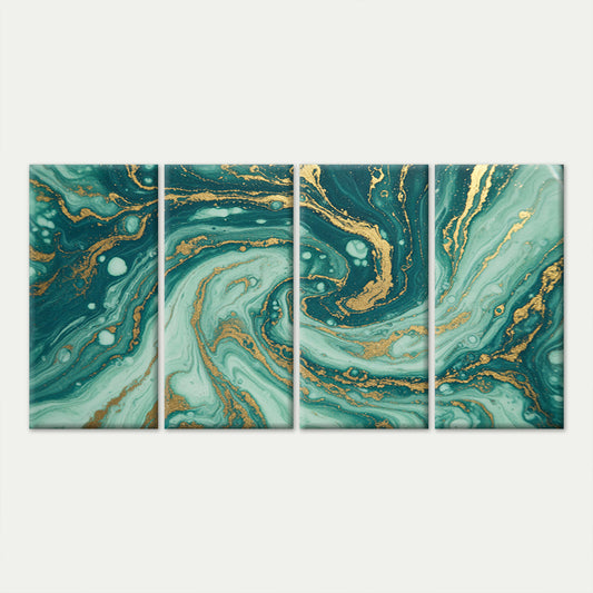 4pcs Abstract Green Gold Ink Fluid Swirls Wall Art Canvas Framed 45x80cm - High Quality Print 100% Australian Made Wall Canvas Ready to Hang