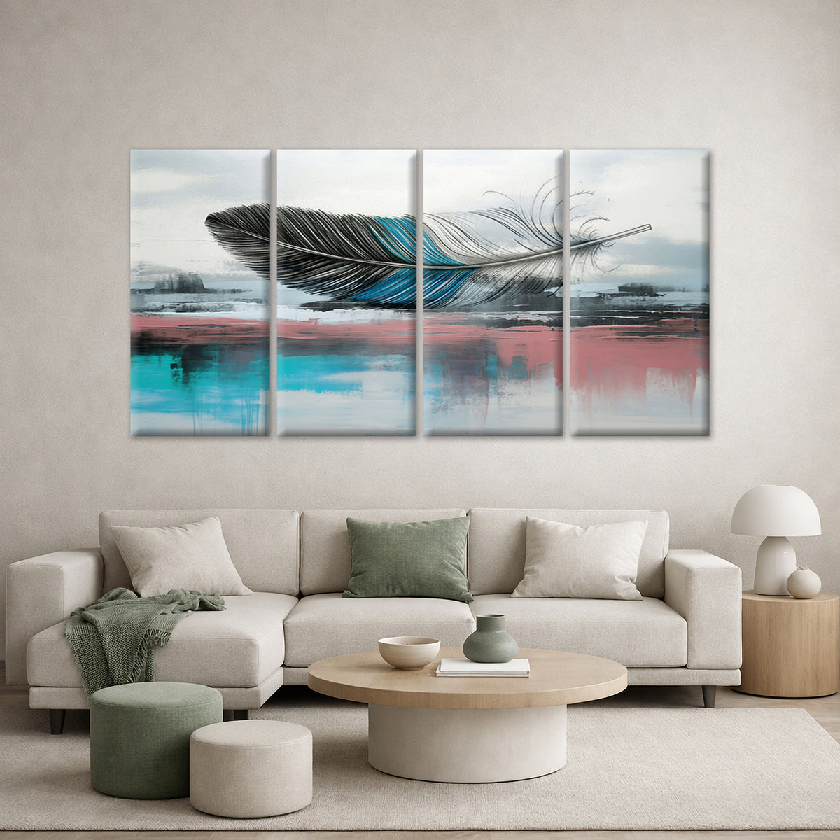 4pcs Modern Teal Blue Pink Feather Abstract Wall Art Canvas Framed 45x80cm - High Quality Print 100% Australian Made Wall Canvas Ready to Hang