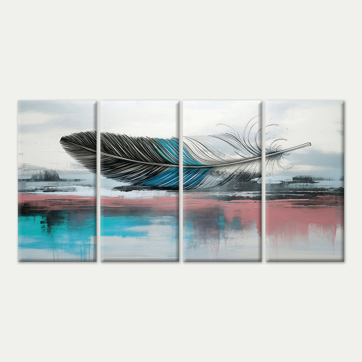4pcs Modern Teal Blue Pink Feather Abstract Wall Art Canvas Framed 45x80cm - High Quality Print 100% Australian Made Wall Canvas Ready to Hang