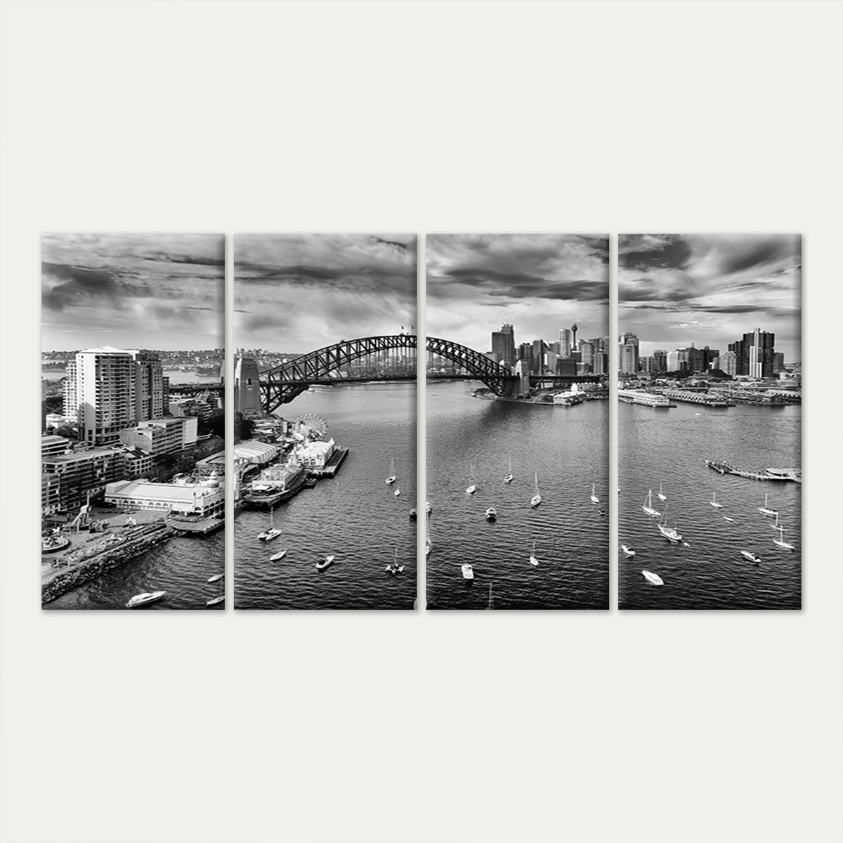4pcs Sydney Harbor Bridge Skyline Black White Wall Art Canvas Framed 45x80cm - High Quality Print 100% Australian Made Wall Canvas Ready to Hang