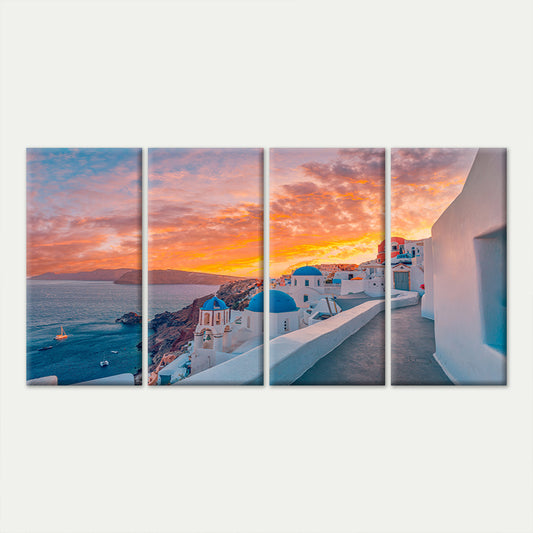 4pcs Mediterranean Sea Town Church Coastlines Wall Art Canvas Framed 45x80cm - High Quality Print 100% Australian Made Wall Canvas Ready to Hang