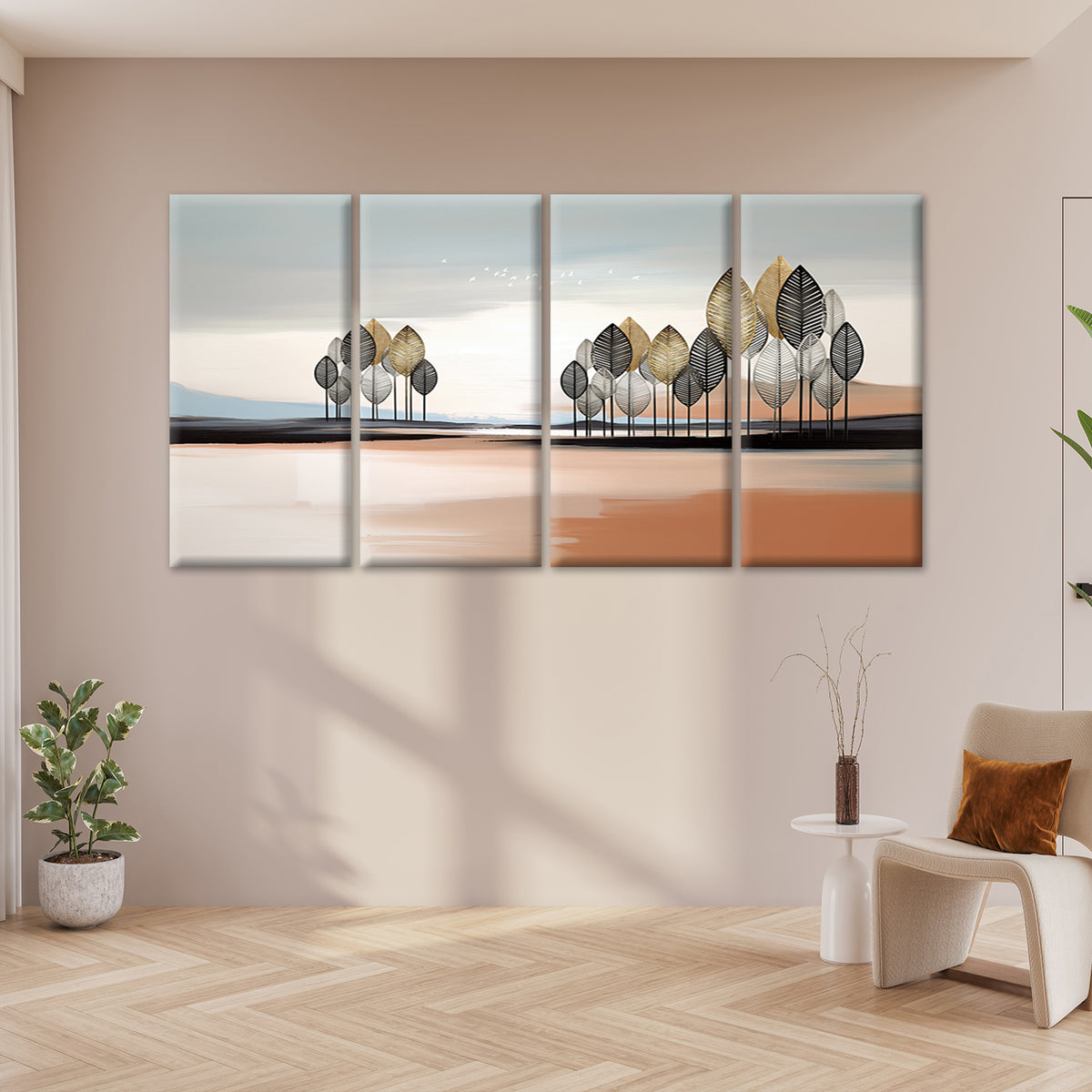4pcs Abstract Golden Tree Forest Landscape Wall Art Canvas Framed 45x80cm - High Quality Print 100% Australian Made Wall Canvas Ready to Hang