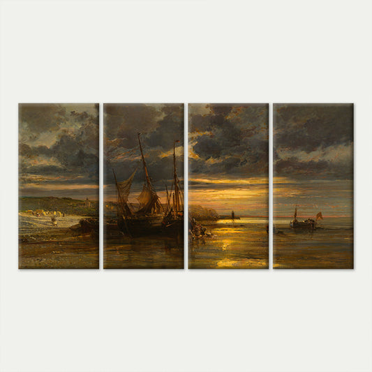 4pcs Vintage Beached Fishing Boats Sunset Wall Art Canvas Framed 45x80cm        - High Quality Print 100% Australian Made Wall Canvas Ready to Hang