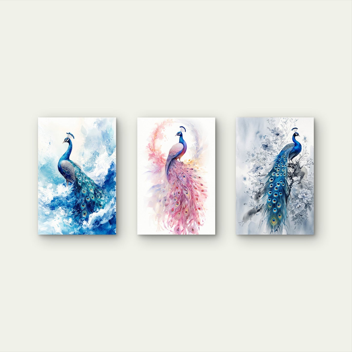 3pcs Watercolor Blue Pink Peacock Feather Birds  Wall Art Set Canvas Framed 60x90cm - High Quality Print 100% Australian Made Wall Canvas Ready to Hang
