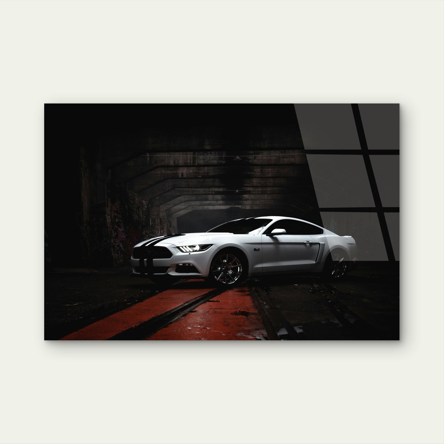 White Ford Mustang Muscle Car Tunnel Glass Printing Wall Art Australian Made