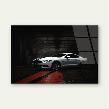 White Ford Mustang Muscle Car Tunnel Glass Printing Wall Art Australian Made