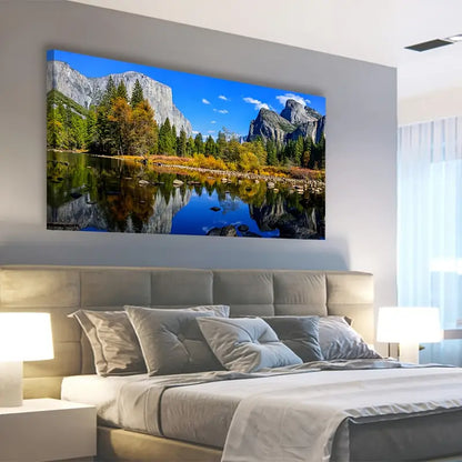 Mountain Lake Vibrant Autumn Foliage & Mirror Water Wall Art canvas office home room framed 120x60cm - Bella Home Decor