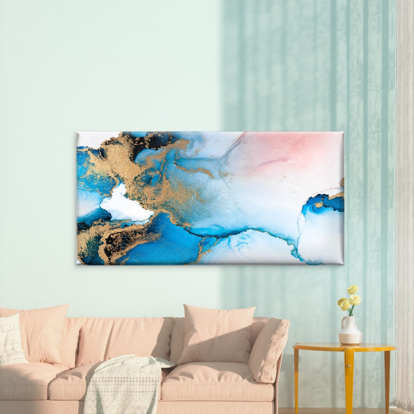 Blue Gold Abstract Canvas Wall Art Canvas Office Home Room Framed 120x60cm - Bella Home Decor