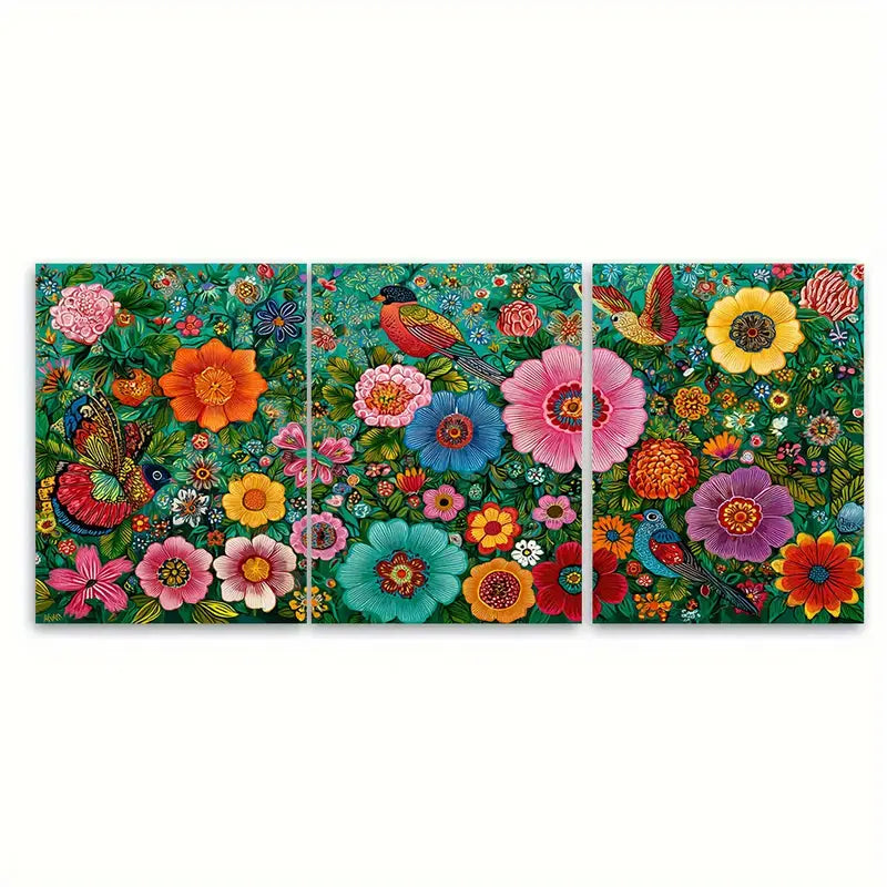 3pcs Vibrant Peruvian Folk Art Floral Bird Wall Art Set Canvas Framed 40x60cm - High Quality Print 100% Australian Made Wall Canvas Ready to Hang