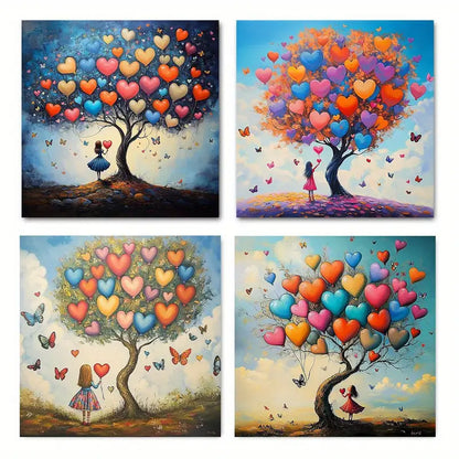 4pcs Girl Heart Balloon Butterfly Tree Canvas Wall Art Canvas Framed