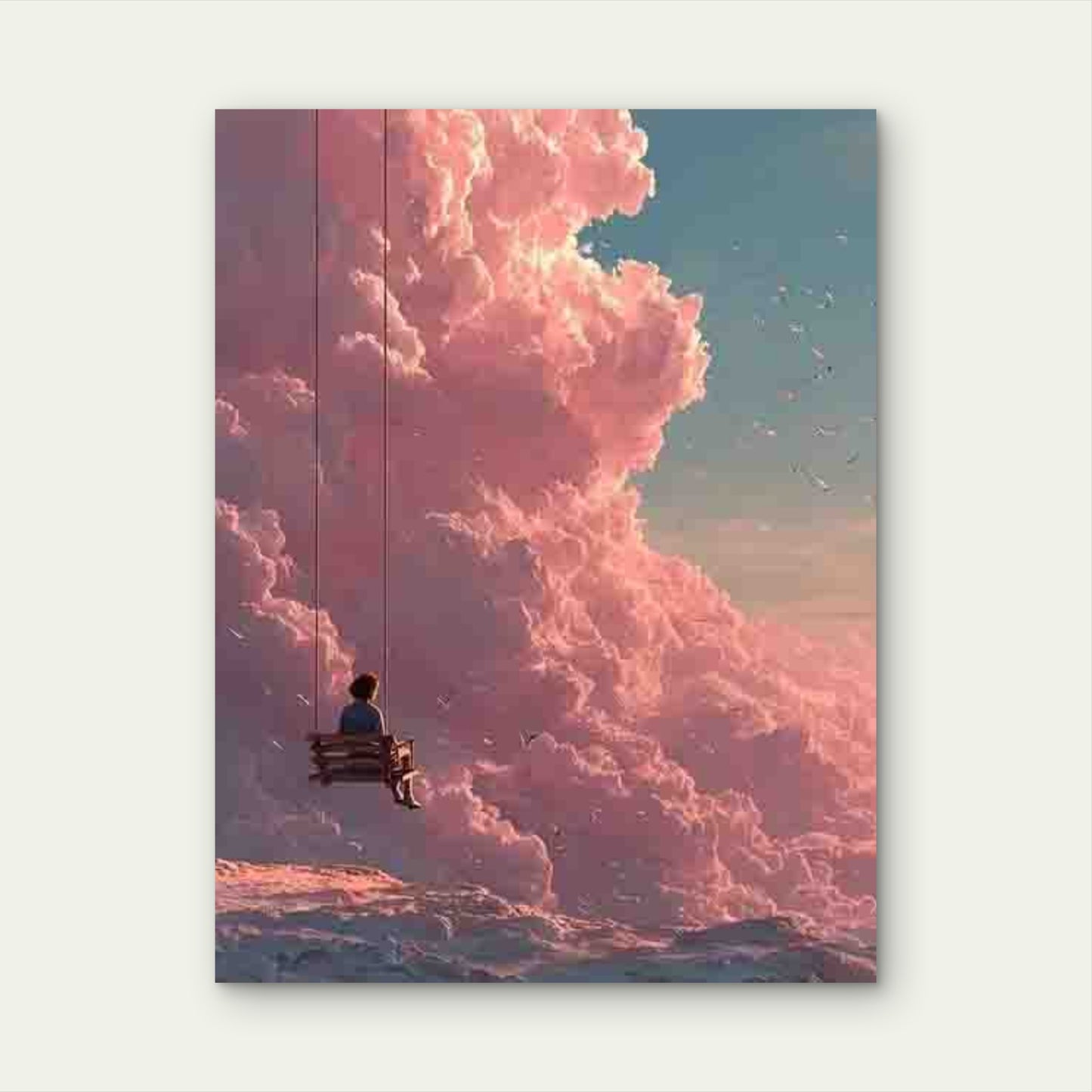 Girl on a Swing With Seagulls & Clouds 60x90cm Metal Print Ready to Hang