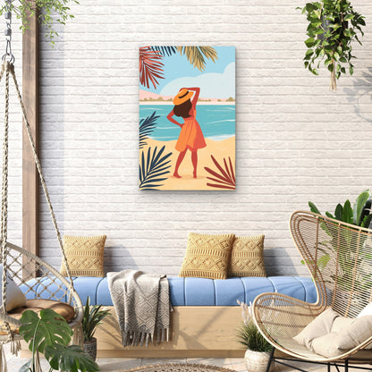 Woman on a Tropical Beach Vacation 40x60cm Metal Print Ready to Hang