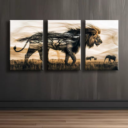 3pcs Male Lion Forest illustration Wall Art Set Canvas Framed 40x60cm - High Quality Print 100% Australian Made Wall Canvas Ready to Hang