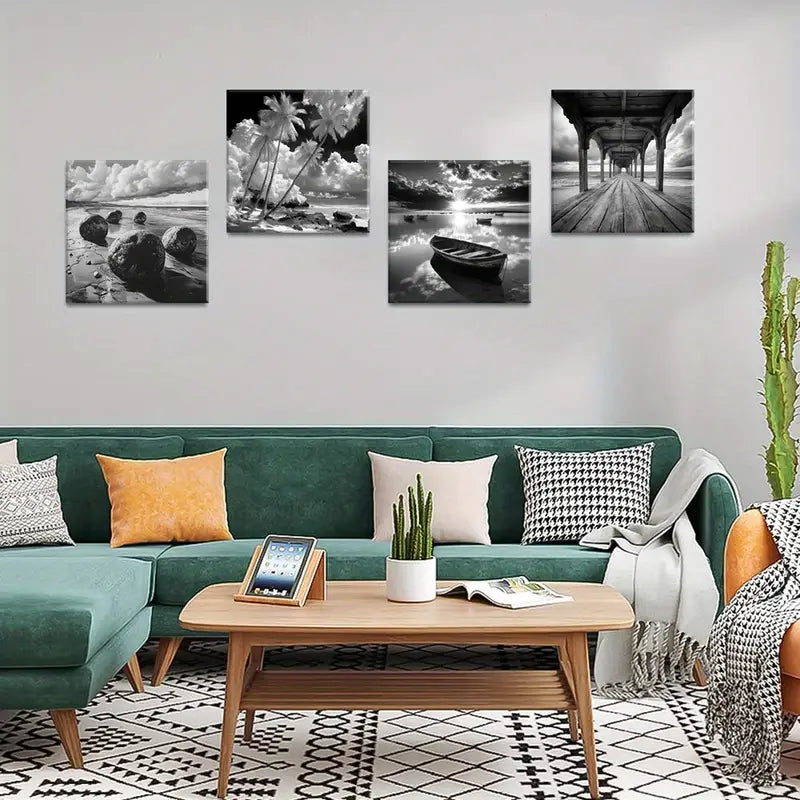 4pcs Floral & Landscape Ink  Wall Art Canvas Framed