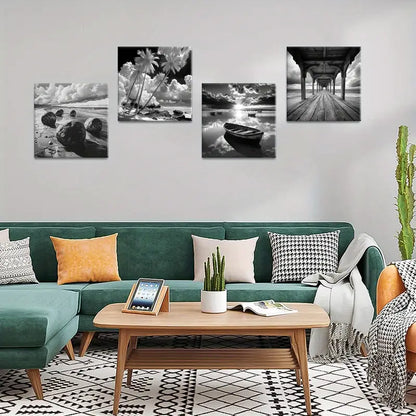 4pcs Floral & Landscape Ink  Wall Art Canvas Framed