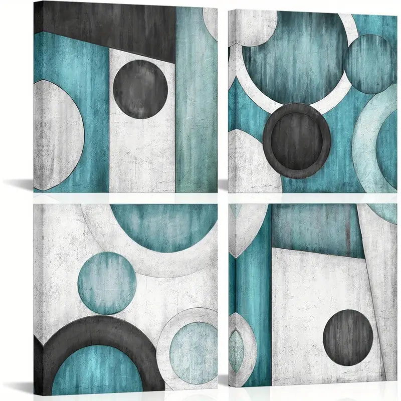 4pcs Taupe and Blue Geometric Circle  Wall Art Canvas Framed - Bella Home Decor