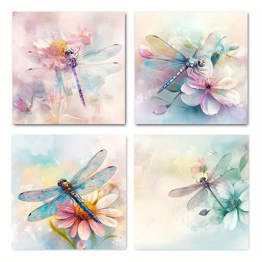 4pcs  Decorations Dragonfly Watercolor Flower Wall Art Canvas Framed