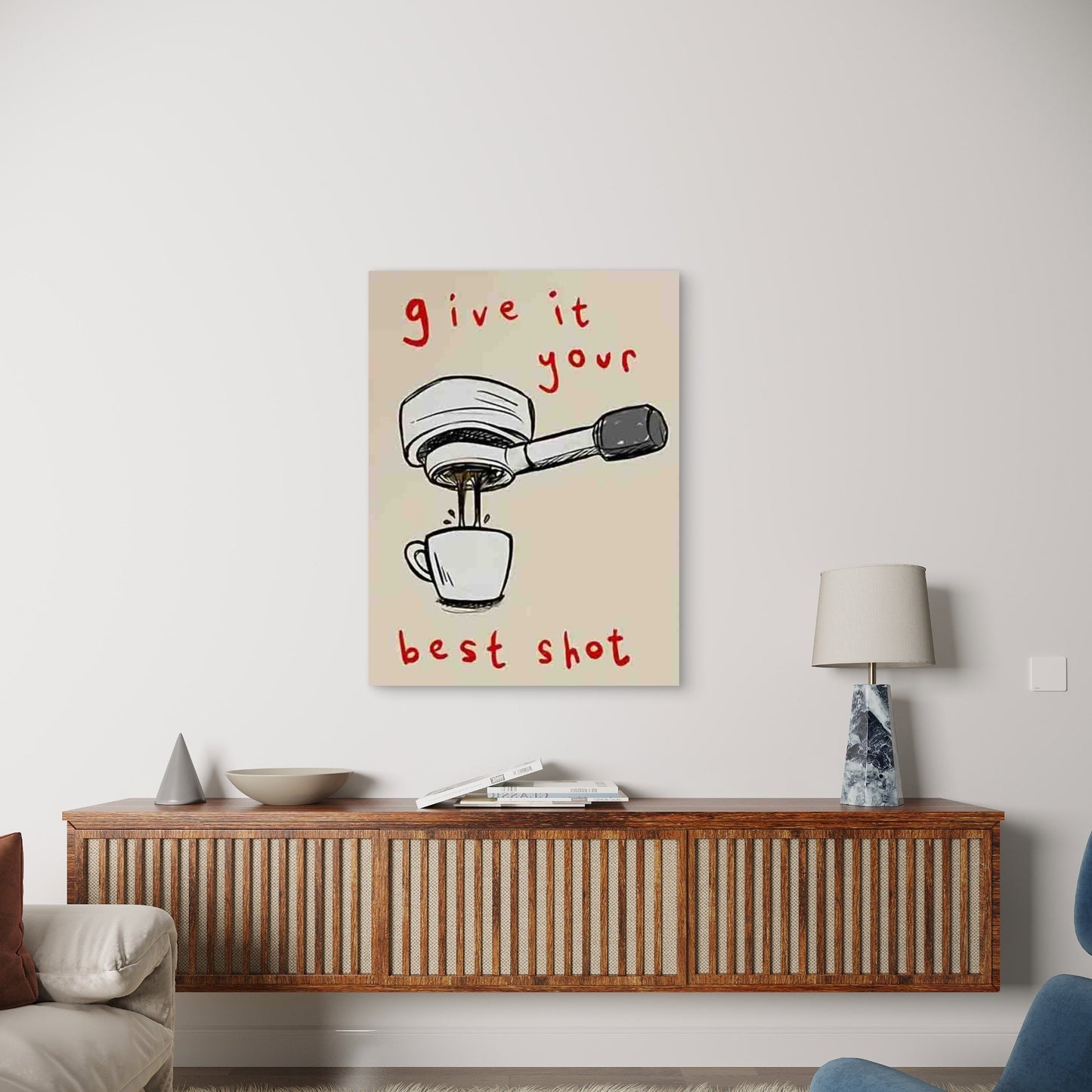Coffee Machine Pouring into White Cup Design 60x90cm Metal Print Ready to Hang