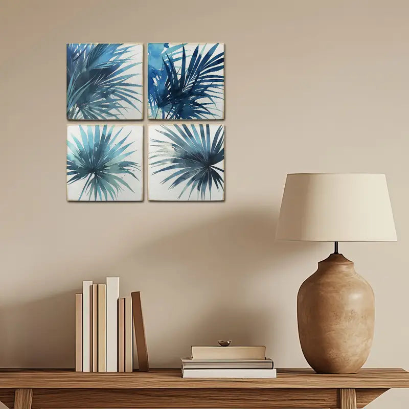 4pcs Blue Colour Plam Leaves Wall Art Canvas Framed - Bella Home Decor