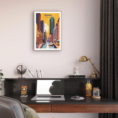 Stunning Urban Skyline In Boston USA Vintage Travel Poster Print Wall Art