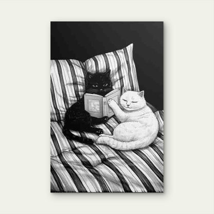 Black and White Cat Reading Book Metal Print Ready to Hang
