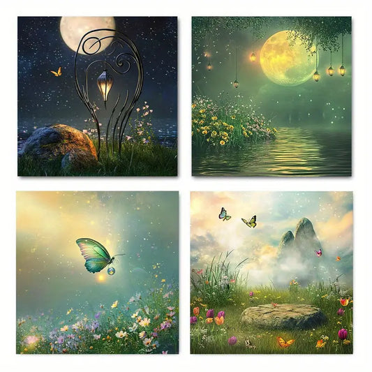 4pcs Enchanted Moonlit Garden   Wall Art Canvas Framed