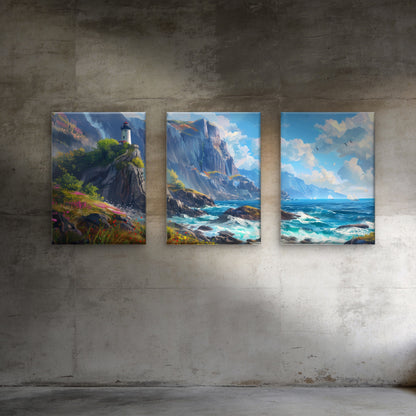 3pcs Coastal Ocean Lighthouse Rocky Cliffs Wall Art Set Canvas Framed 40x60cm - High Quality Print 100% Australian Made Wall Canvas Ready to Hang