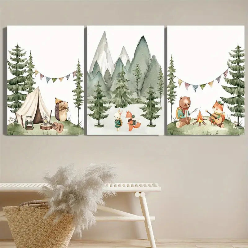 3pcs Forest, Mountains, Watercolor Animals Metal Print Ready to Hang Art - Bella Home Decor