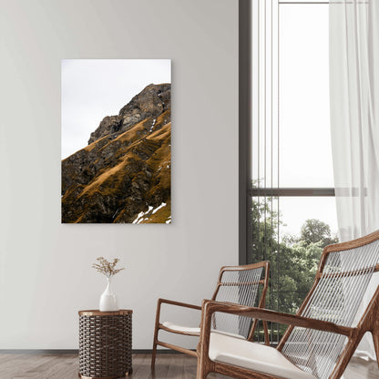 Rocky Mountain Slope With Dry Grass And Snow 40x60cm Metal Print Ready to Hang